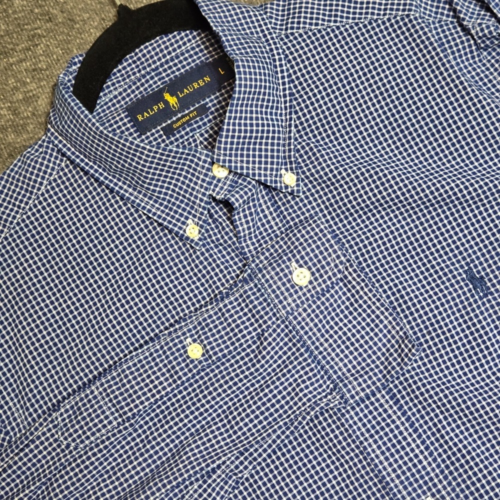 Ralph Lauren Custom Fit Button Down Shirt Blue Plaid Sz Large Preppy Cotton